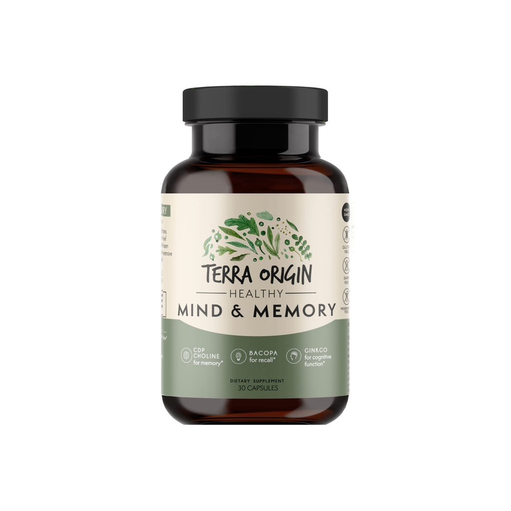 TERRA ORIGIN Healthy Mind and Memory Support Supplement | Kognitive Memory Matrix | Nootropic CDP, Bacopa, L-Tyrosine, Huperzine A, Ginko, B12 | Non GMO, Gluten Free, Dairy Free | 30 Kapseln