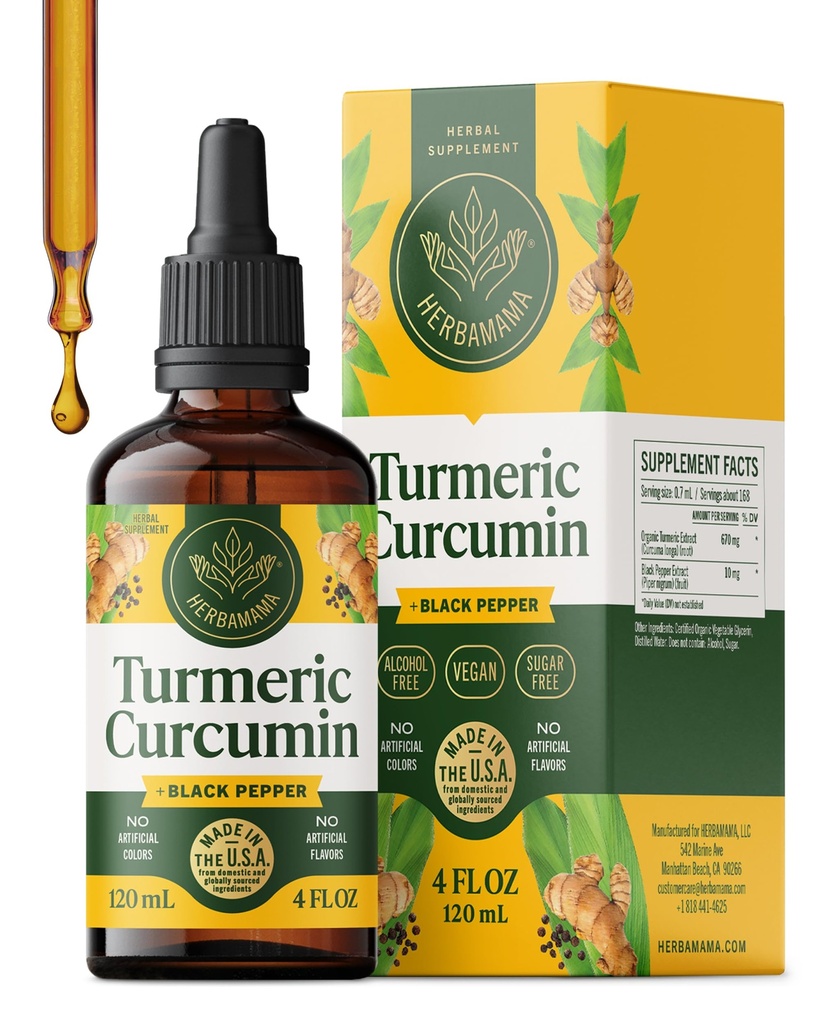 HERBAMAMAMA Liquido Turmerico Gocce - Vegan Immune, Digestivo & Mobility Support con curcumina currica con Estratto di Peppe Nero - Non OGM, Alcol & Sugar-Free Antioxidant Supplement - 56-Day Supply