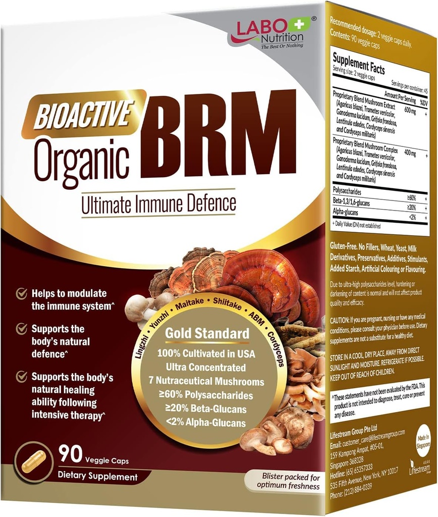 LABO Nutrition Bioactive Bio Organic BRM - Soutien immunitaire avancé et maintien de l'activité des cellules tueuses naturelles; 6 champignons thérapeutiques Lingzhi, Yunzhi, Maitake, Shiitake, Agaricus Blazei Murill & Cordyceps
