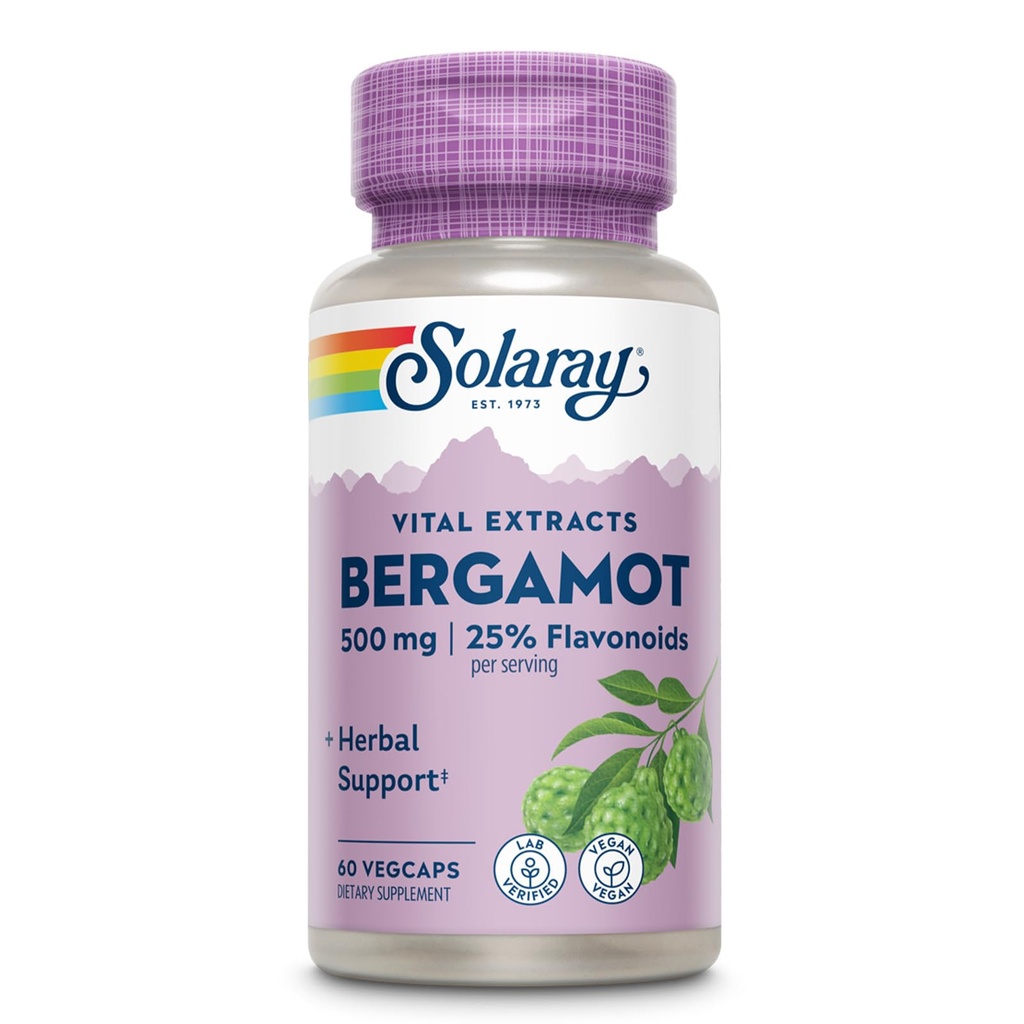 SOLARAY Bergamotte 500 mg - Citrus Bergamotte Ergänzung für einen aktiven Lebensstil - Standardisiert auf 25% Flavonoide - mit Berberine HCl aus indischer Barbeere - Vegan, 60-Tage Garantie, 30 Serv, 60 VegCaps