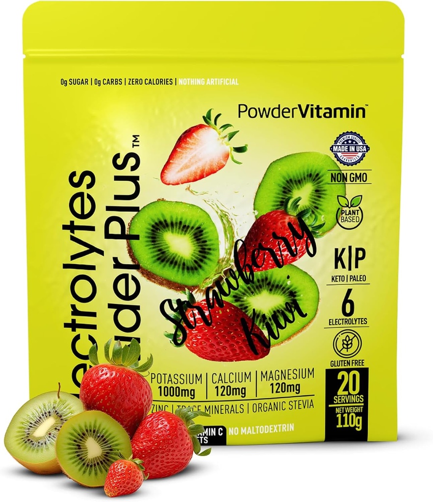 PulverVitamin Elektrolyte Pulver Plus (20 Portionen) Erdbeer Kiwi Elektrolyt Pulver Zero Calorie Keto,0 Zucker,No Maltodextrin,1000mg Kalium,120mg Calcium,120mg Magnesium, Rosa Himalaya Salz