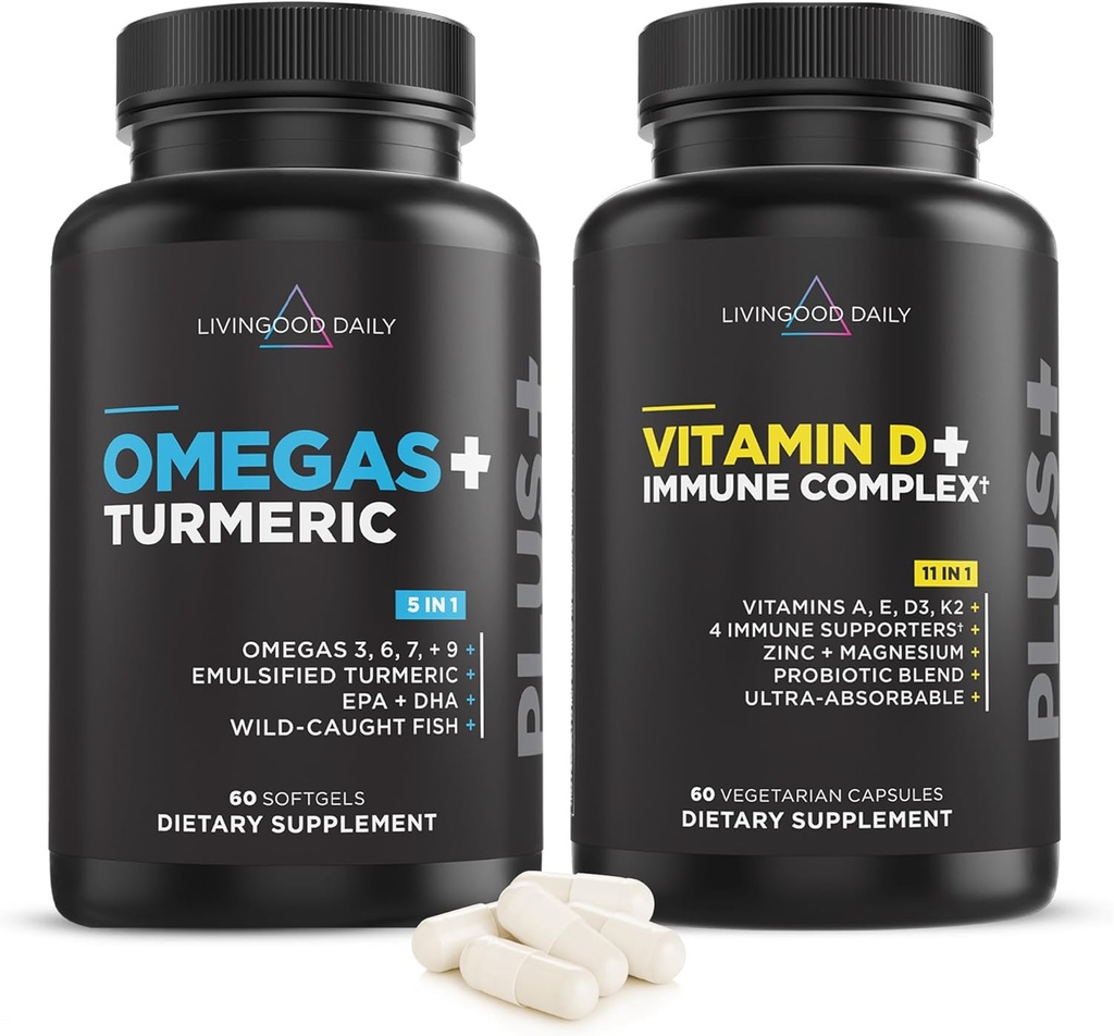 Livingood Daily Essentials Bundle - Potente supplemento di Omega 3-6-7-9 Plus Turmeric abbinato con vitamina D3 K2, magnesio, miscela probiotica e altro ancora