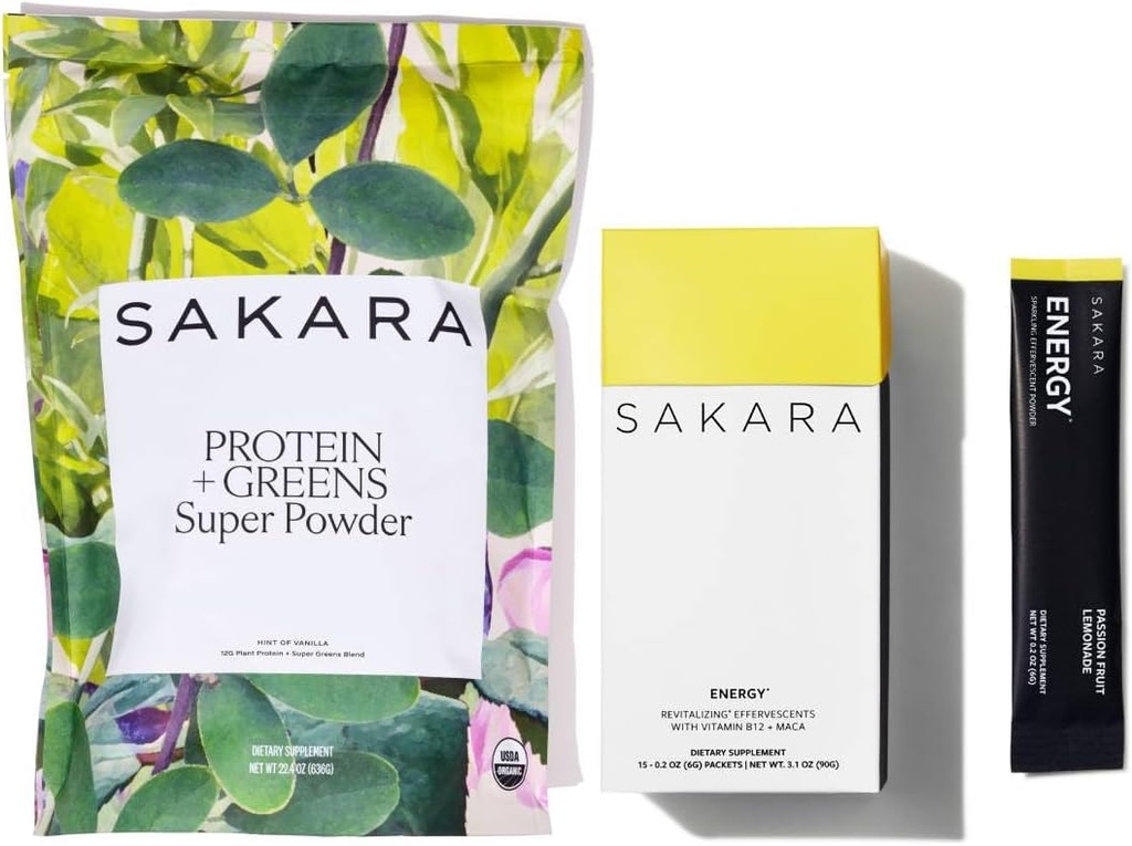 SAKARA Protein + Greens Super Powder & Energy Effervescent - Organic Protein Powder & Greens Powder, Raffined Sugar Free Electrolytes Powder