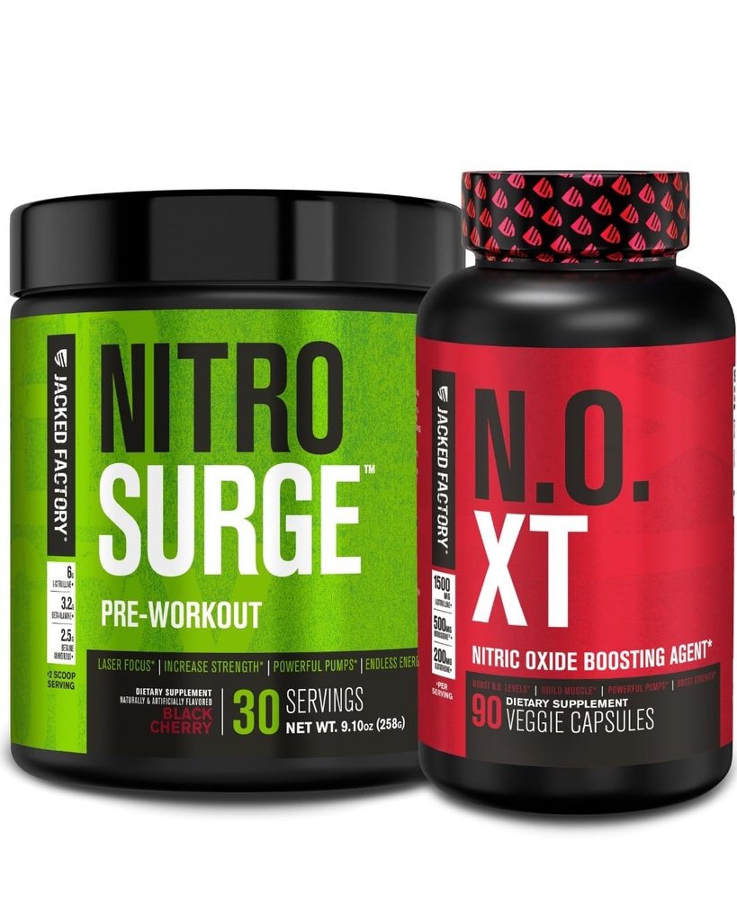 Jacked Factory Nitrosurge PreWorkout in Black Cherry & N.O. XT Nitric Oxid Booster für Männer & Frauen