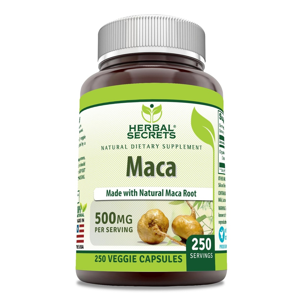 Herbal Secrets Maca 500mg 250 capsule vegetali | Non OGM | Gluten Free | Made in USA | Adatto per vegetariani