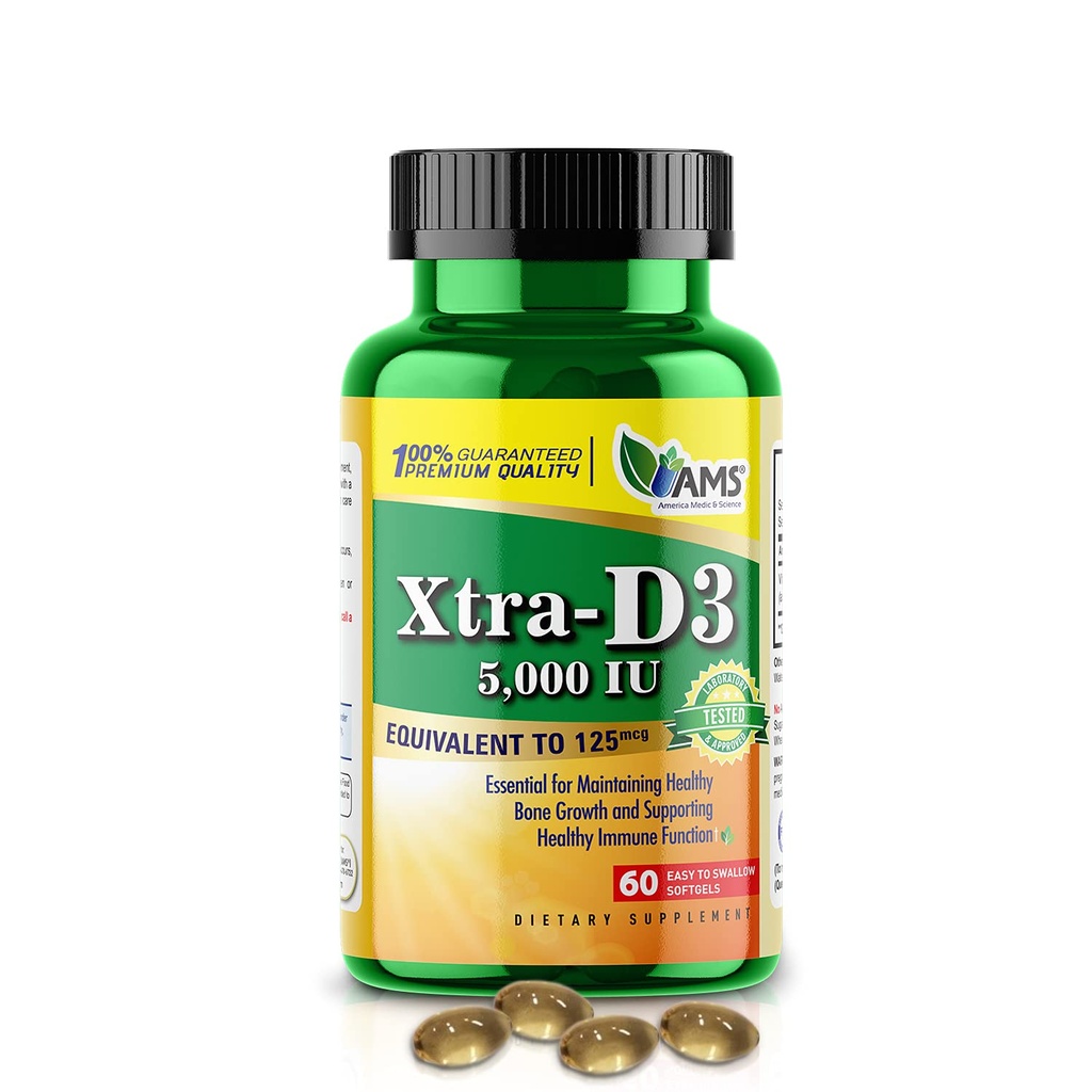Amerika Medic & Science Xtra D3 Vitamin D 5.000 IU (125 mcg) Cholecalciferol Supplement für Männer & Frauen (60 leicht zu schlucken Softgels) Best für Knochen, Herzgesundheit, Immunsystemunterstützung, Lung Function