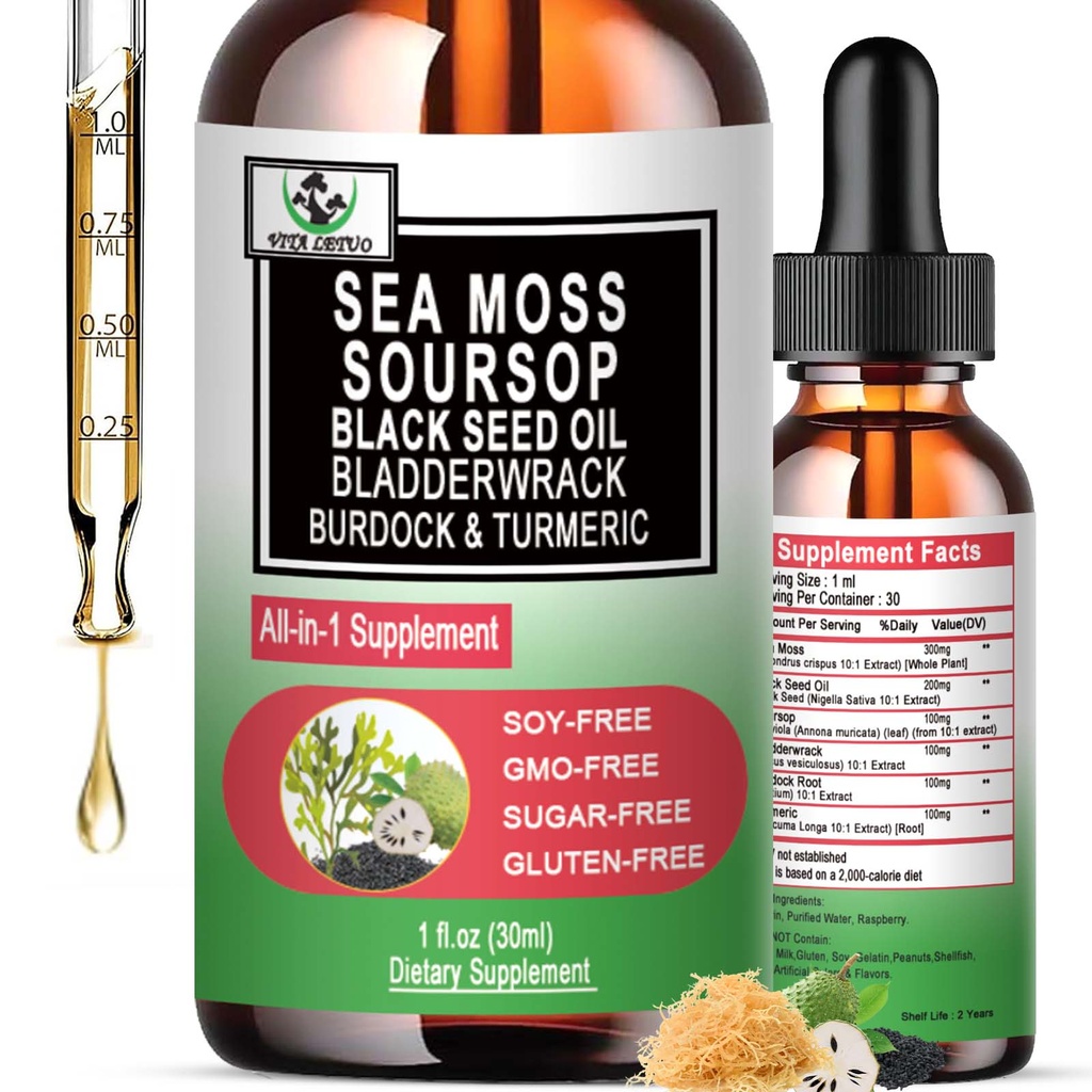 Sea Moss Black Seed olio Soursop gocce liquide con Bladderwrack Burdock Root Turmeric - Multimineral & Vitamins Superfood Gocce organiche non OGM per Immune & Digestive & Cell Support Skin Hair
