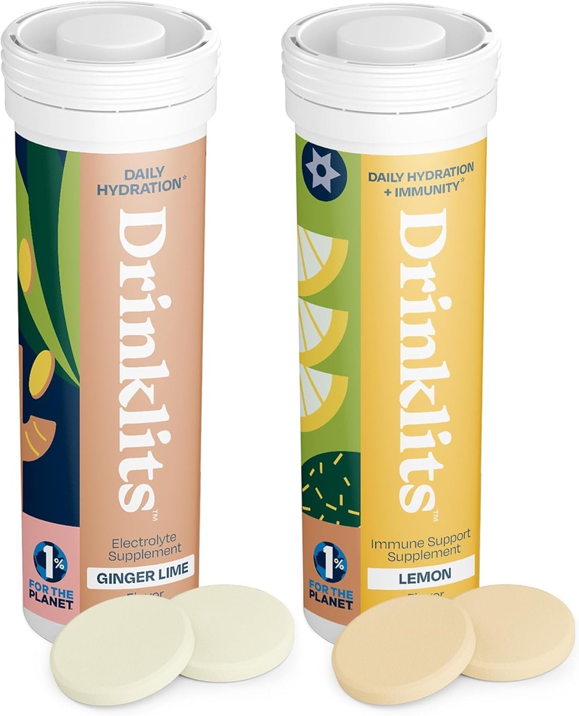 Drinklits Ginger-Lime Hydration & Lemon Immune Support (2) Tube Combo Pack | Great Taste – Daily Electrolytes – Vitamine essenziali | 20 Servings (10 compresse per tubo)