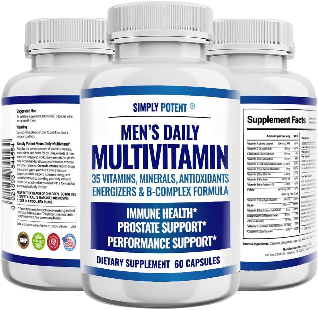 Einfach Potent Daily Multivitamin für Männer, 35 Vitamine mit Mineralstoffen & Antioxidans, Vitamine A C D E, Biotin B12 Folate Zink Magnesium & Saw Palmetto für Energie, Fokus, Immun & Prostata Gesundheit, 60