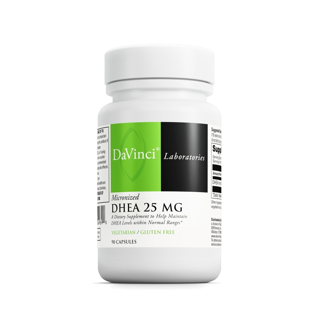 DAVINCI Labs Micronised DHEA 25 mg - Supplément alimentaire pour soutenir le système immunitaire, la santé thyroïde et les taux d'hormones sains* - avec 25 mg Micronised DHEA - Sans gluten - 90 capsules végétariennes