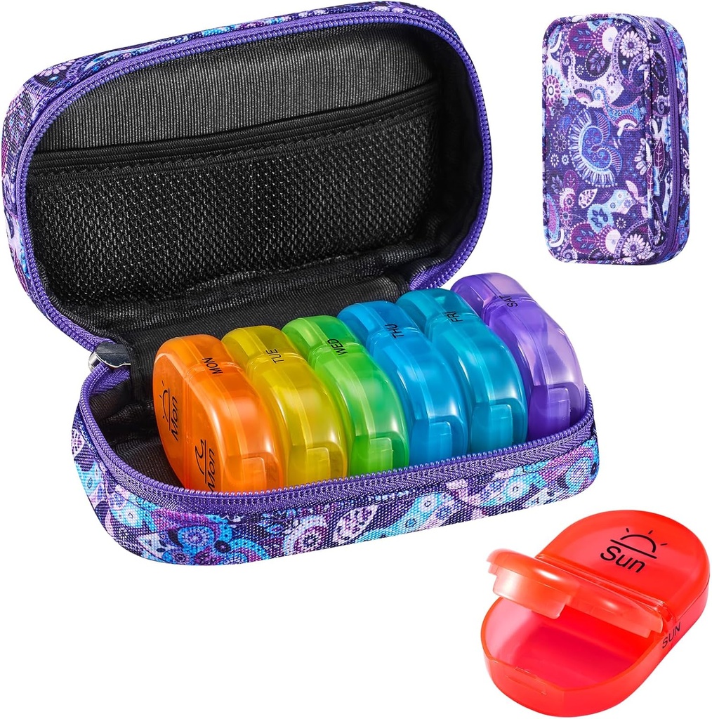 Serfeymi Weekly Travel Pill Organizer 2 Mal A Day AM Upgraded Regenbogen Pille Box 7 Tag mit tragbaren Reißverschluss Canvas Pille Fall, Medizin Organizer für Pillen, Vitamine, Fischöle - Lila 01