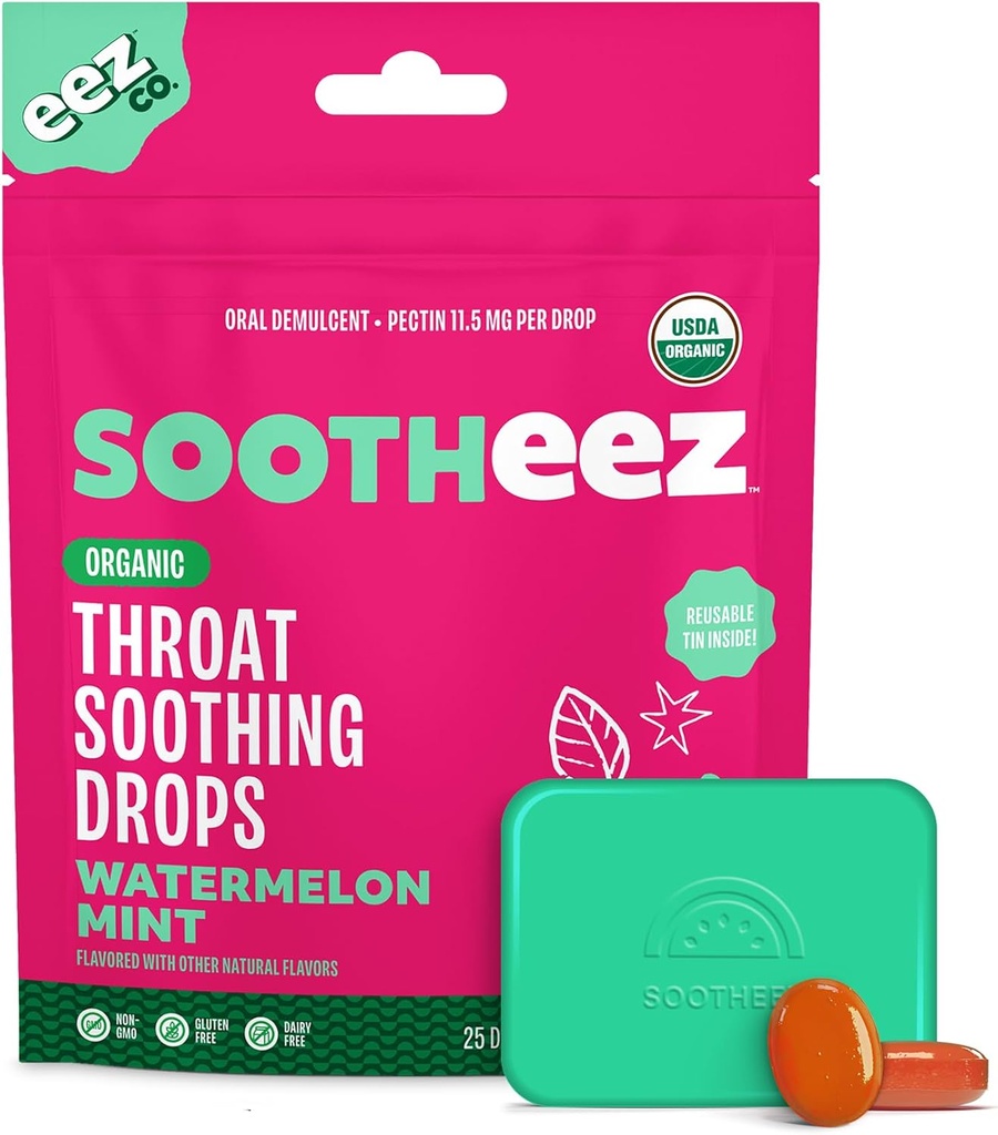 Sootheez Organic Throat beruhigende Tropfen für Erwachsene, Watermelon Mint, 25 Count, Nachfüllbar, Große Verkostung Tropfen, die beruhigende Drohungen