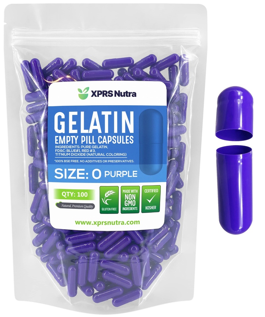 XPRS Nutra Taille 0 Capsules vides - 100 Compte Capsules de gélatine vides - Pills Bricolage Capsule Remplissage - Pure Pilule Gel Caps pour Do-It-Youlf Suppléments (Purple)