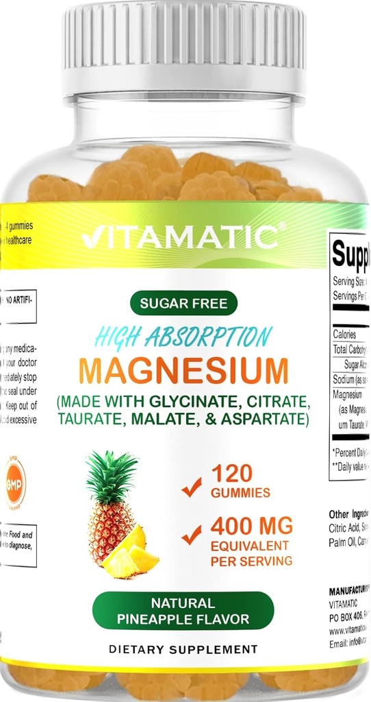 Vitamatic Sugar Free Magnesium Gummies - (Made with GLYCINATE, Citrate, TAURATE, Malate, & ASPARTATE) - 400 mg per Serving - 120 Gummies - Promuove Rilassamento sano, Muscolo, Bone, & Energy Support