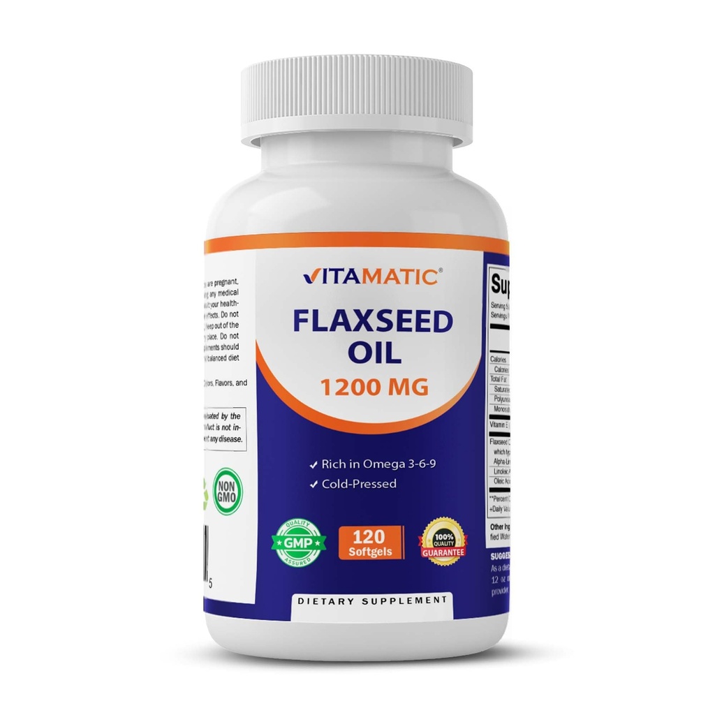 Vitamatic Flaxseed Oil 1200 mg – 120 Softgels kaltgepresstes Flaxseed-Öl mit 675 mg ALA Omega-3 – Unterstützt Herzgesundheit & Gesamt Wellness
