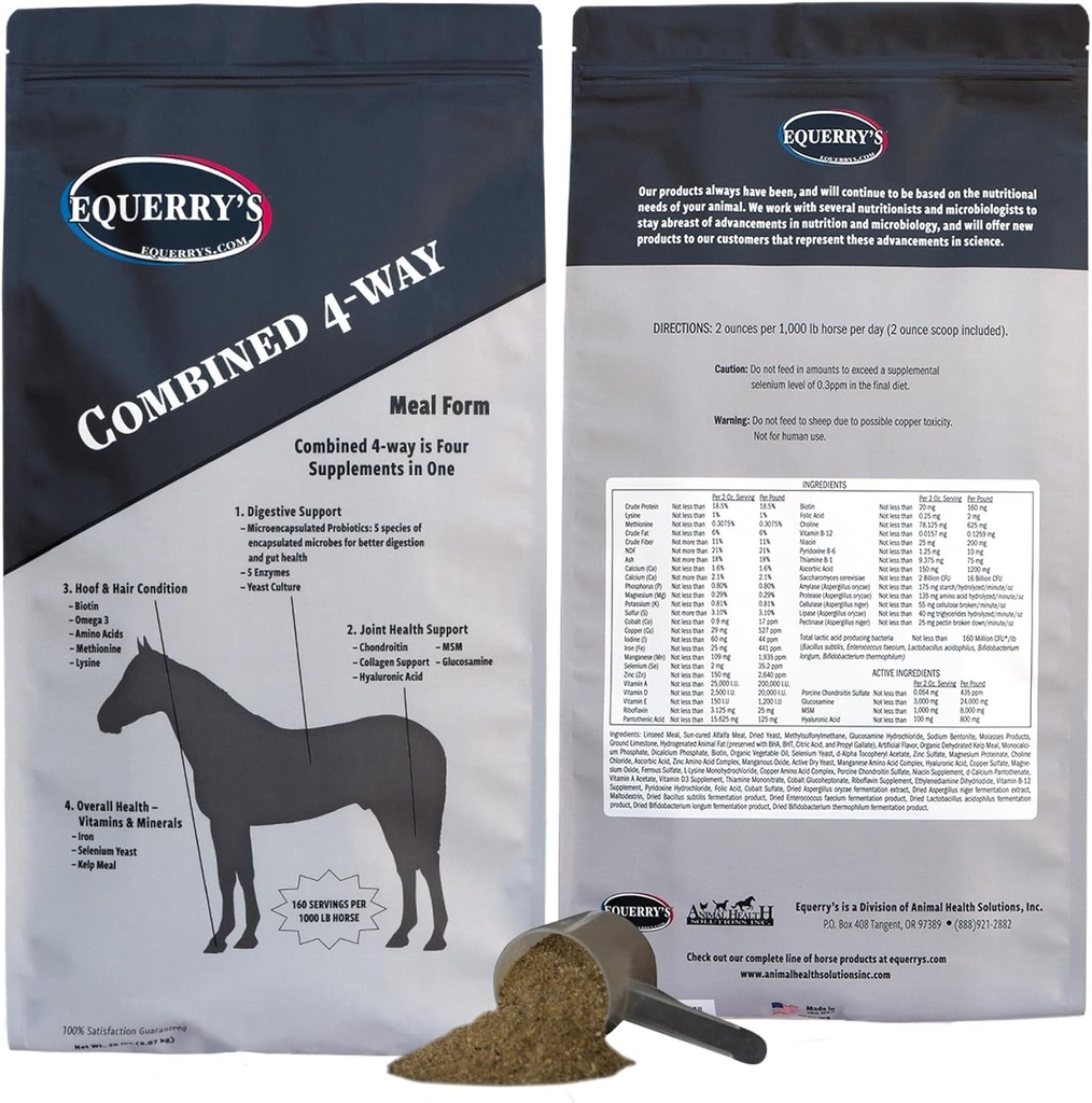 Equerry's Combined RX 4 Way | Equine Nutritional Support | Formula completa | Supporto digestivo e congiunto | Hoof & Hair | Probiotics Vitamins & Minerals 160 Feedings, 20lb.