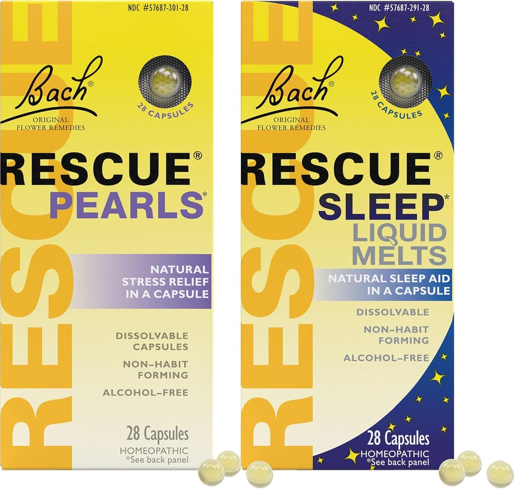Stress & Sleep Bundle, Bach RESCUE Pearls, Natural Stress Relief [und] RESCUE Sleep Liquid Melts, Natural Sleep Aid - 2-Pk, Homöopathic Flower Essence