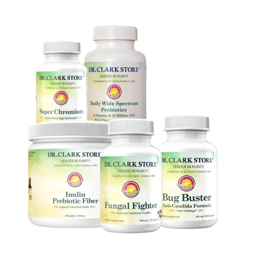 Dr Clark Store Candida Cleanse Kit with Probiotics, 4 Supplements - 380 Capsules + 1 Powder 300g, Non-GMO, Solvent-Free, Additive-Free, Made in USA Since 1993