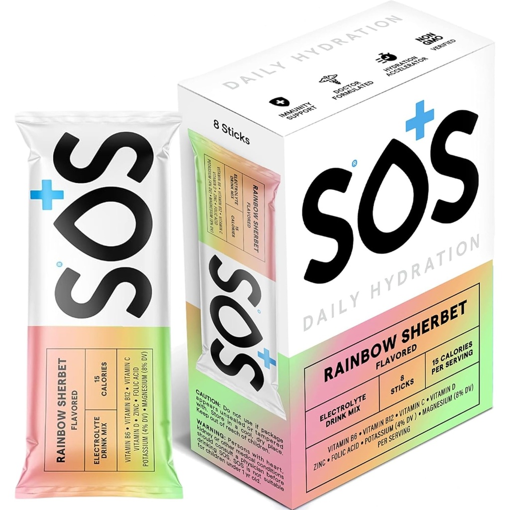 SOS Hydration Elektrolyt Pulver Stick Packs | Low Sugar | Rapid Rehydration | Made in USA | Keto | Rainbow Sherbert