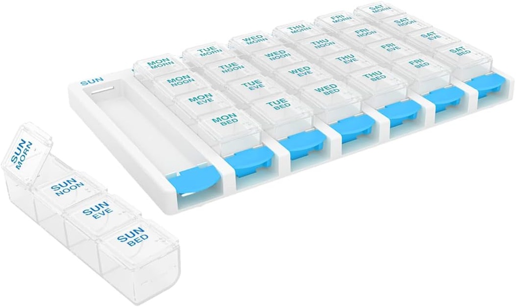 EZY DOSE Settimanale (7 giorno) 4 volte al giorno Push Button Pill Organizer e Vitamin Planner, Rimovibili Daily Pillboxs, Blu, Clear Lids, Large, BPA Free