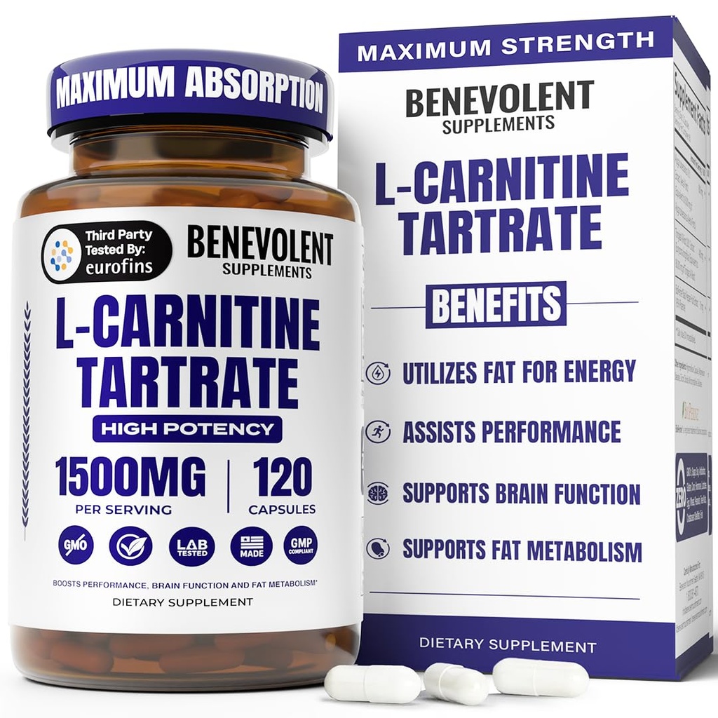 Benevolent L supplément carnitine - High Potency 1500mg L-Carnitine Tartrate - Absorber rapidement, convertir les graisses en énergie, soutenir le muscle maigre, stimuler la performance d'entraînement et le métabolisme – 120 capsules végétaliennes