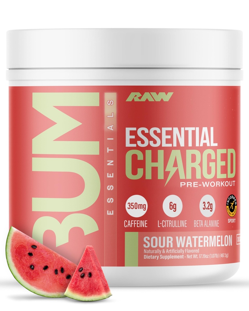 Poudre de pré-entraînement RAW, essentielle CHARGED (Sour pastèque) - Supplément de pré-entraînement pour les hommes et les femmes - Soutiens Focus, Mood & Performance - Caféine, Alpha-GPC, L-Citrulline, Beta Alanine (25 portions)