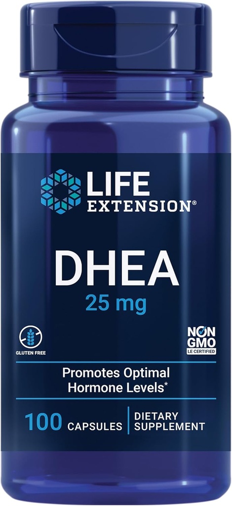 Prolongation de la durée de vie DHEA 25 mg – Supplément pour l'équilibre hormonal, le soutien immunitaire, la santé sexuelle, la santé osseuse et cardiovasculaire et le soutien anti-âge et l'humeur – sans gluten, sans OGM – 100 capsules