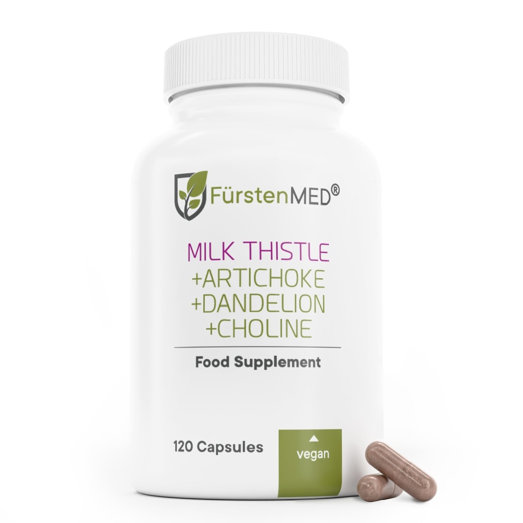 FürstenMED Milchdistel mit Artichoke Extract, Dandelion Root & Choline - Normale Lebergesundheitsergänzung - hoch dosiert mit 80% Silymarin - Vegan Liver Support - 120 Non-GMO Kapsel