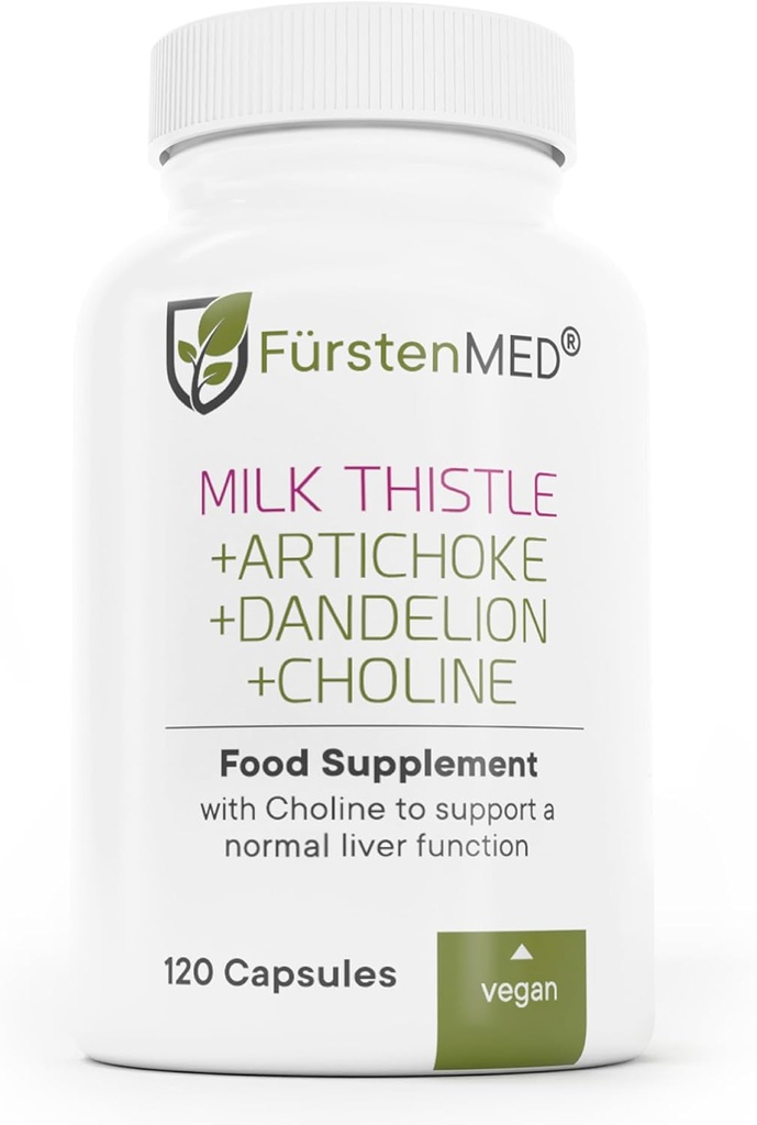 FürstenMED Milk Thistle with Artichoke Extract, Dandelion Root & Choline - Normal Liver Health Supplement - Altamente Dosed con 80% Silymarin - Vegan Liver Support - 120 Non OGM Capsule