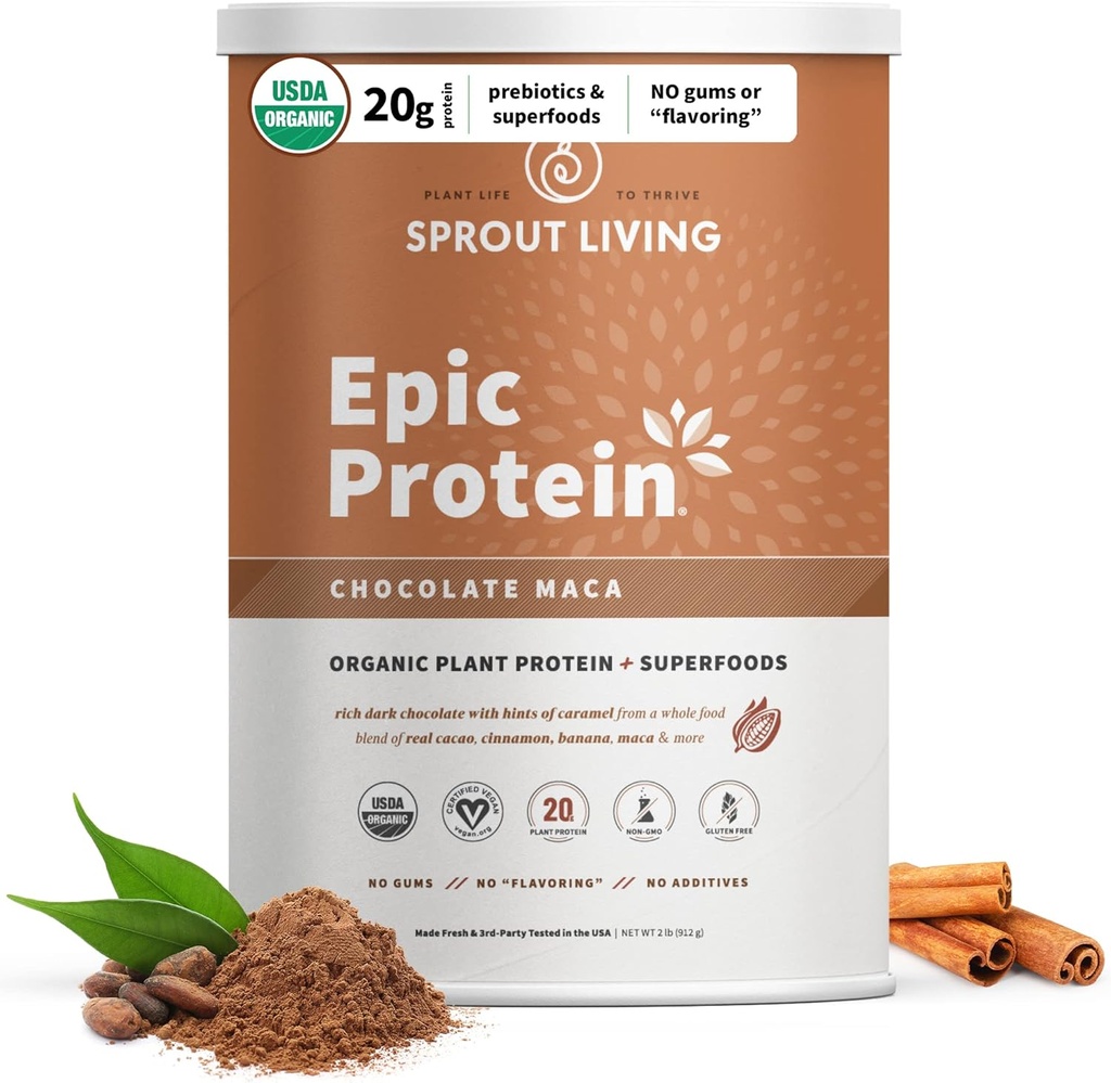 Sprout Living Epic Protein, Plant Based Protein & Superfoods Powder, Chocolate Maca Powder | 20 Grams Organic Protein Powder, Vegan, Non Dairy, Non-GMO, Glutenfrei, Low Sugar (2 Pfund, 24 Portionen)