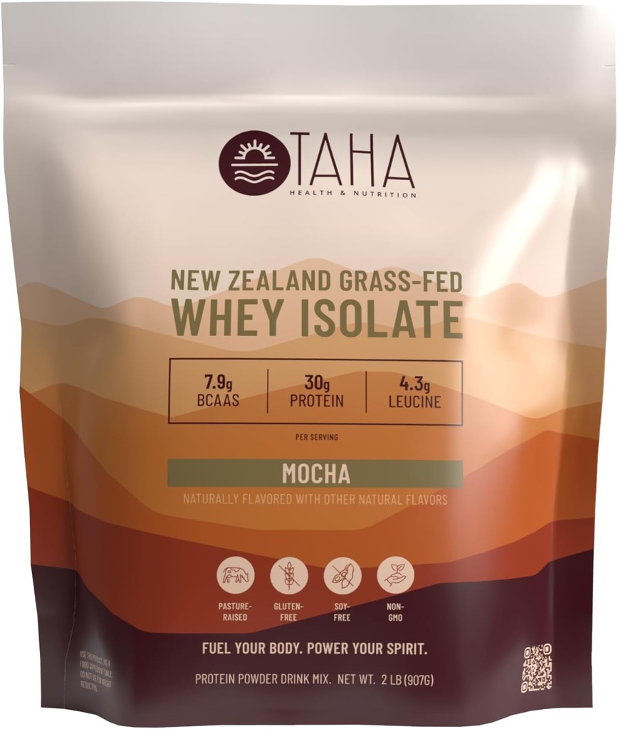 Taha Health & Nutrition Mocha Whey Protein Isolate Powder, 30g Protein, 7.9g BCAAs, 4.3g Leucine | Neuseeland Free-Range, Grass-Fed Dairy | Gluten-Free, Keto, Kosher | 2LB, 24 Portionen