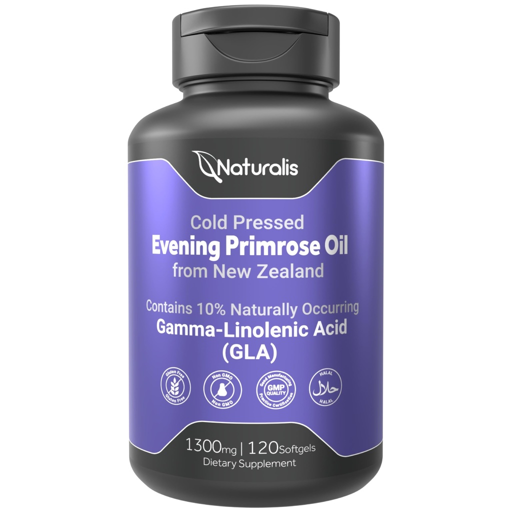 Naturalis Evening Primrose Oil (1300mg) | 100% naturale dalla Nuova Zelanda | Non OGM, Soy & Gluten Free, Zero Filler | 120 Softgels