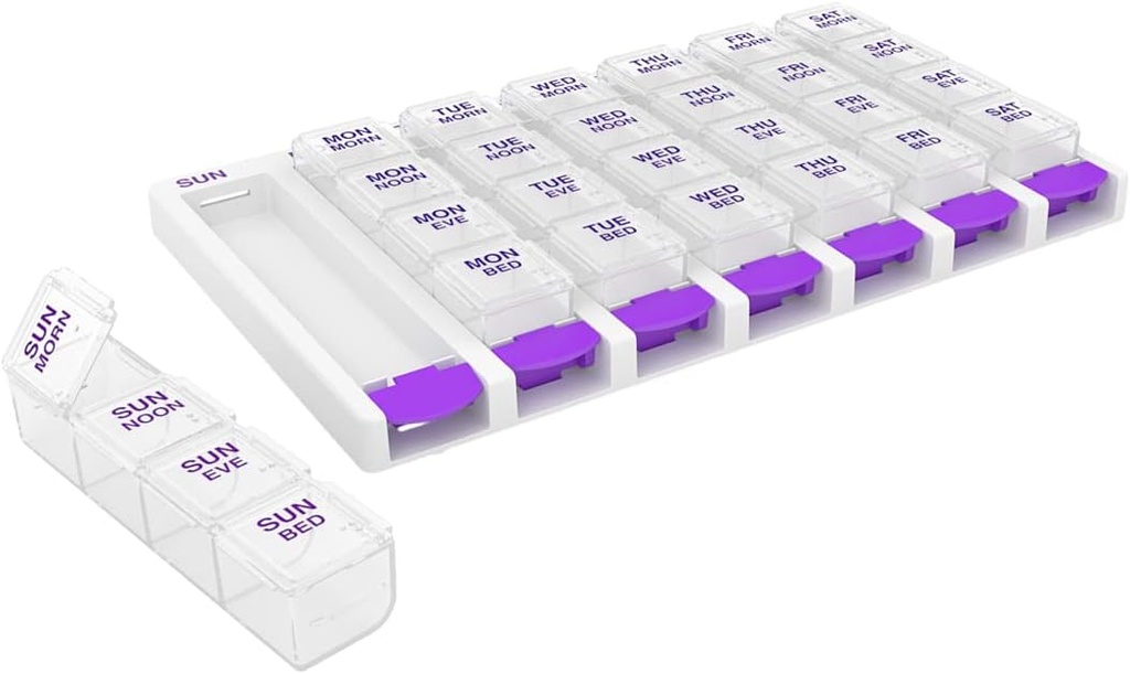 EZY DOSE Weekly (7 Tage) 4 Mal pro Tag Push Button Pill Organizer und Vitamin Planner, abnehmbare tägliche Pillboxen, Lila, Klare Lids, Klein