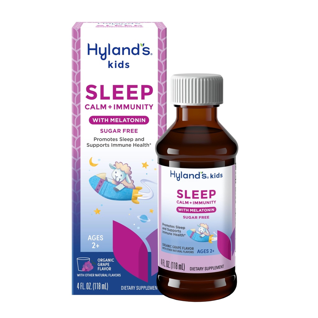 Hyland's Kids Sleep Calm & Immunity with Melatonin, Sugar-Free Sleep Aid Liquid with Magnesium, Vitamina D, Zinc & Elderberry, promuove il sonno & Supports Immune Health, Ages 2+, Grape Flavor, 4 Fl. Oz.