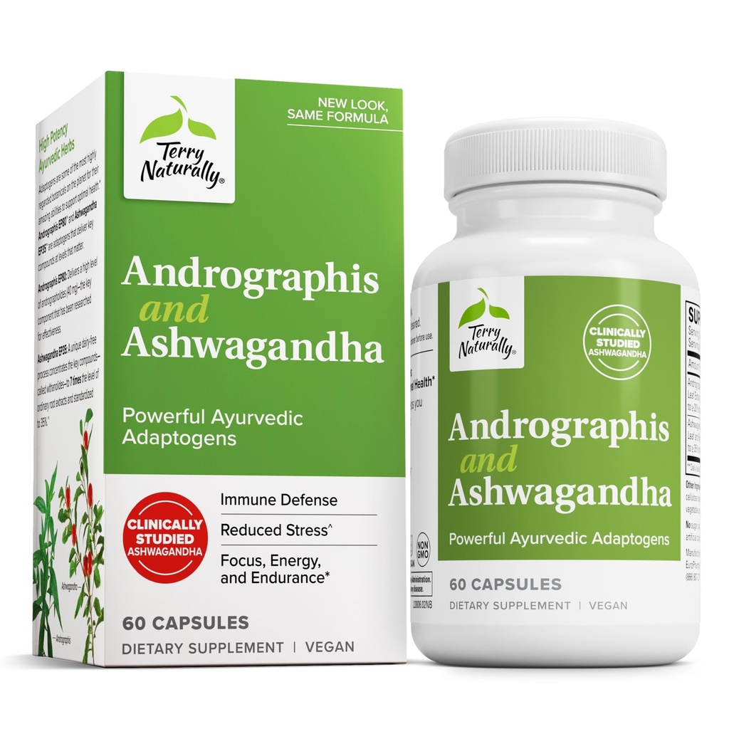 Terry Naturally Andrographis e Ashwagandha - Integratore di Supporto Sistema Immune - Support Energy & Healthy Stress Response - Integratore di Supporto Energetico - 60 Capsule (60 Serve)