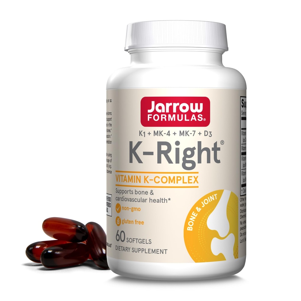 Jarrow Formulas K-Right - Vitamin K-Komplex (K1, MK-4, MK-7, D3) - 60 Servierungen (Softgels) - Nahrungsergänzungsmittel für Knochen & Herz-Kreislauf-Gesundheitsunterstützung - Vitamin K2 MK-7 - Glutenfrei