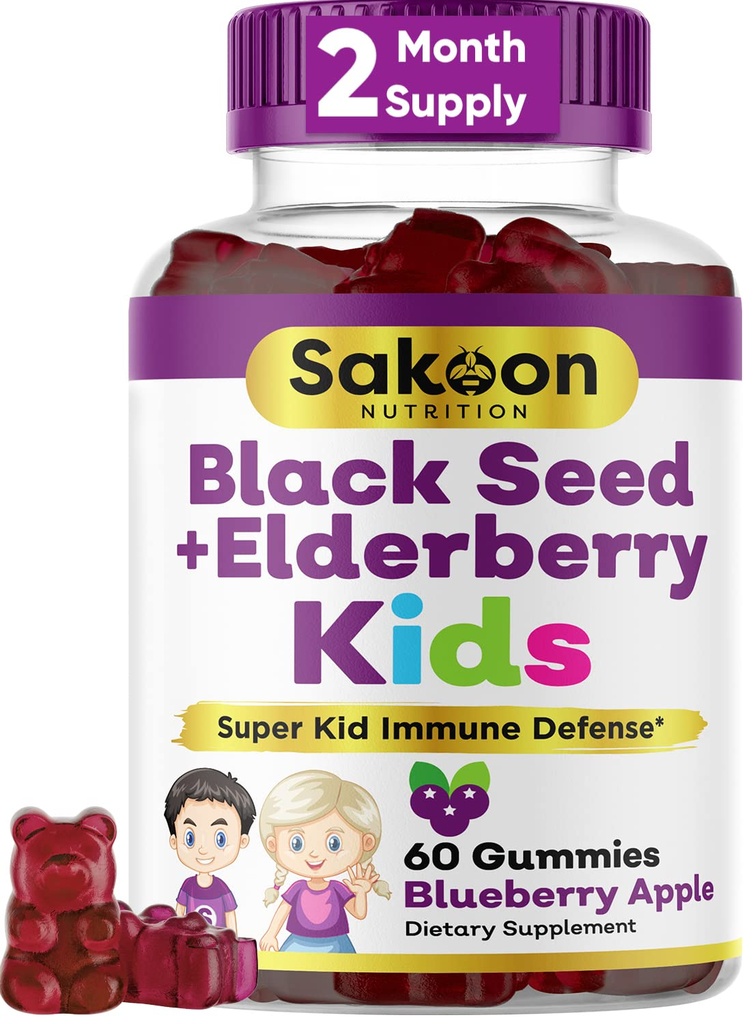 Sakoon nutrition Elderberry & Black Seed Oil Gummies pour les enfants, Immune Support, avec vitamine C et zinc, délicieuse saveur de baie, 60 Gummies