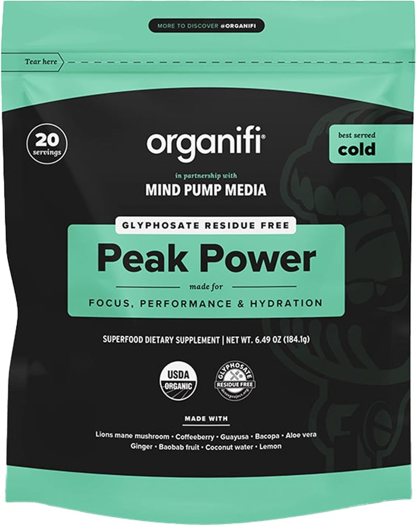 Organifi Peak Power, Pre Workout Pulver zur Unterstützung der Hydration, mit Lion's Mane und Guayusa