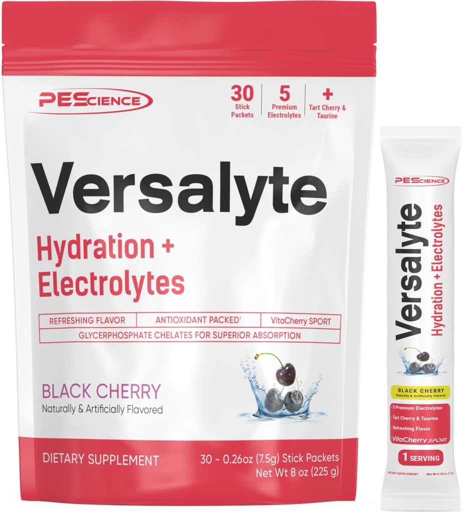 Paquets d'hydratation des électrolytes PEScience Versalyte, Poudre d'électrolyte sans sucre avec Magnésium, Taurine, Antioxydants, Minéraux traces - Cerise noire, 30 portions