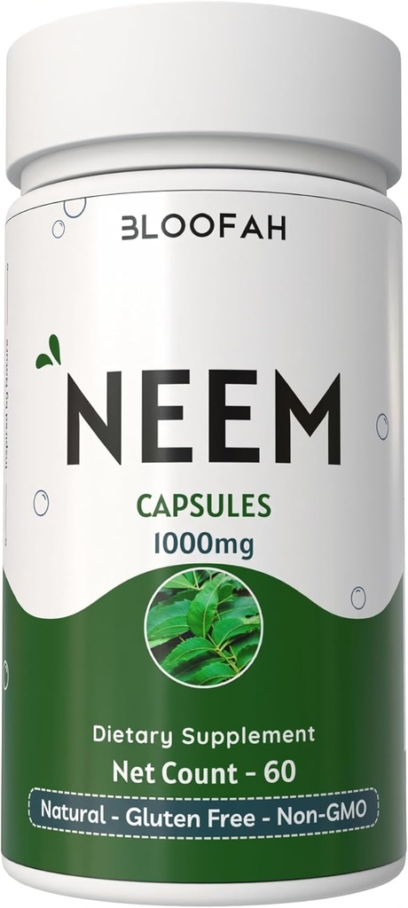 Neem Blatt Kapseln 1000mg Pulver | Azadirachta Indica Kräuterergänzung | Non-GMO, Glutenfrei, keine künstlichen Zusatzstoffe | Pure Neem Powder (60 Count (Pack von 1))