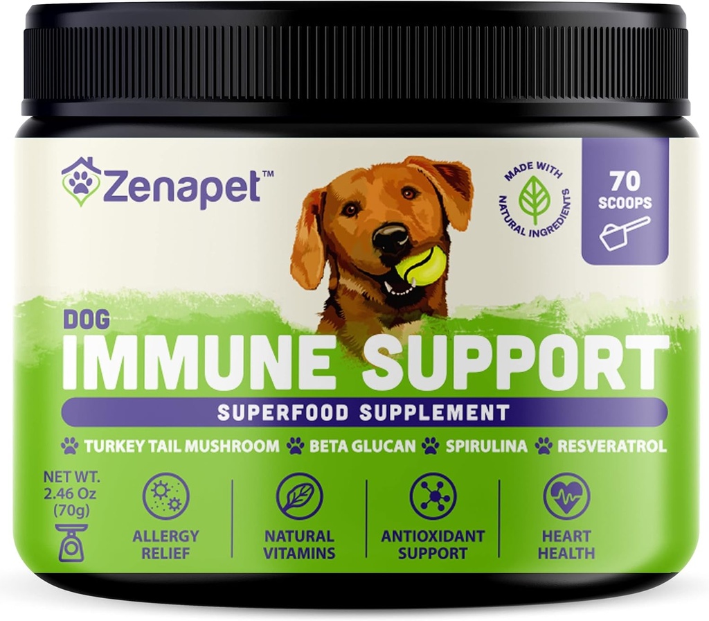 ZENAPET Dog Immune Support Premium Powder Topper, Turkey Tail, Spirulina & Beta-Glucan, Supporta un sistema immunitario sano e digestione, Human-Grade, Made in USA