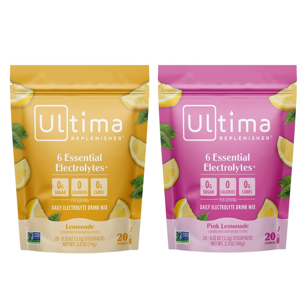 Ultima Replenisher Electrolyte Powder Drink Mix Bundle – Sugar Free – Limonata e Limonata Rosa, 20 Stickpacks – 6 Elettroliti e Minerali – Keto Friendly, Vegan, Non OGM