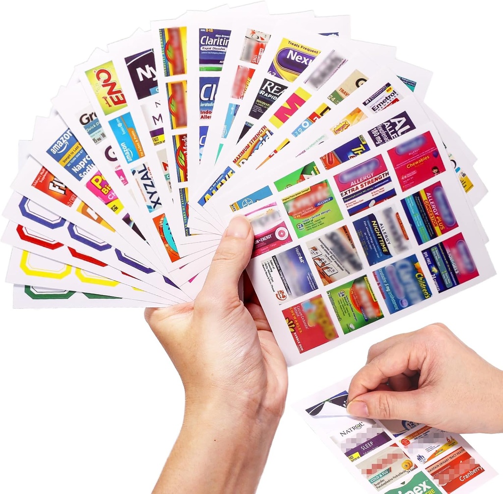 383Pcs Pill Organizer Medicine Etichette, Pre-Cut Medicine Stickers Viaggiare Daily Pill Container Etichette con 34 fogli scatola di pedaggio Lables Pill Organizer Adesivi di Brands+4 Foglis Blank Stickers(351+32PCS)