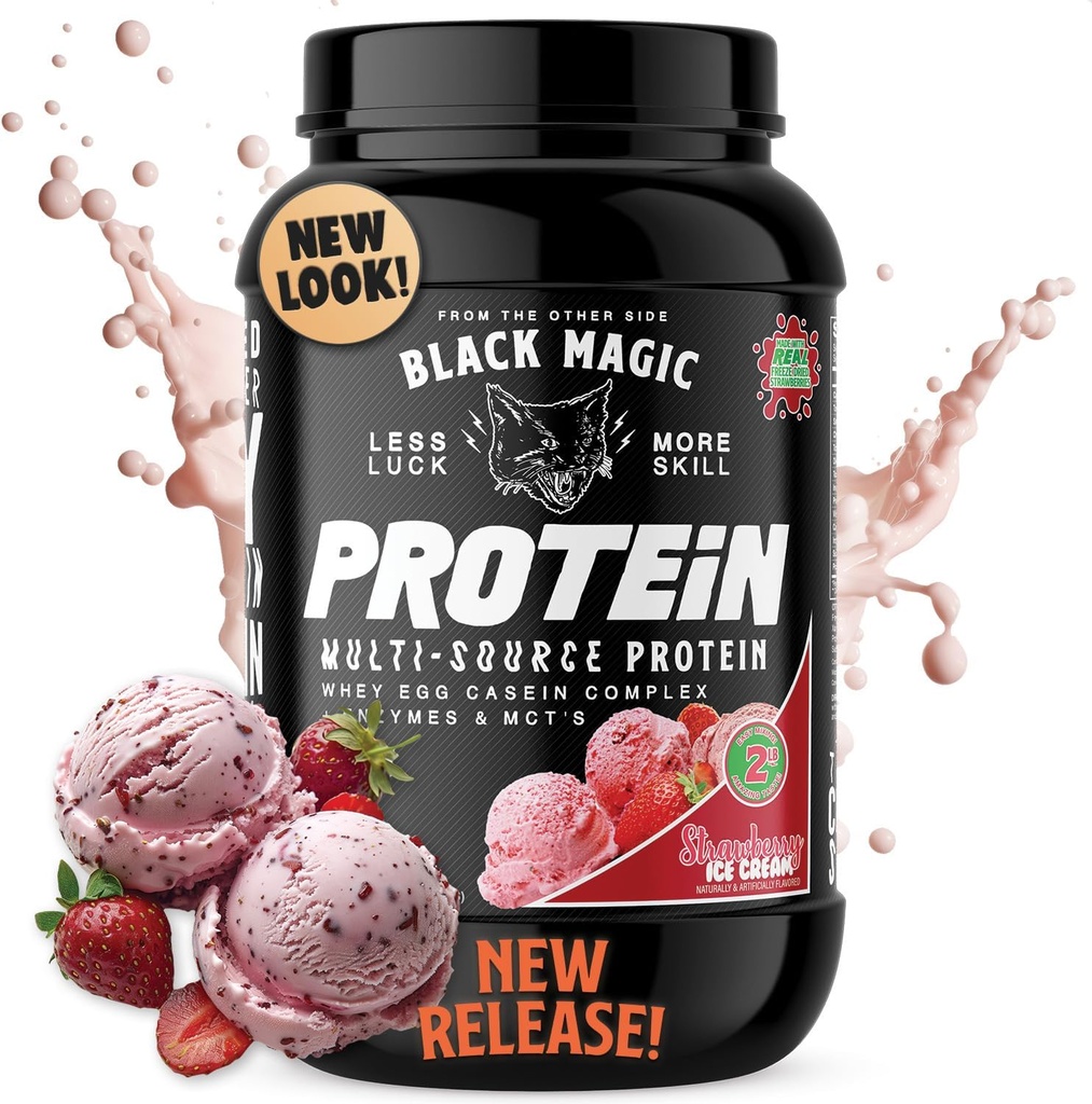 Black Magic Protein Powder - Nuovo look - Whey, Egg e Casein Complex con enzimi e polvere MCT - Pre allenamento e post allenamento - Polvere di proteine del gelato di fragola - 24g Protein - 2 LB...