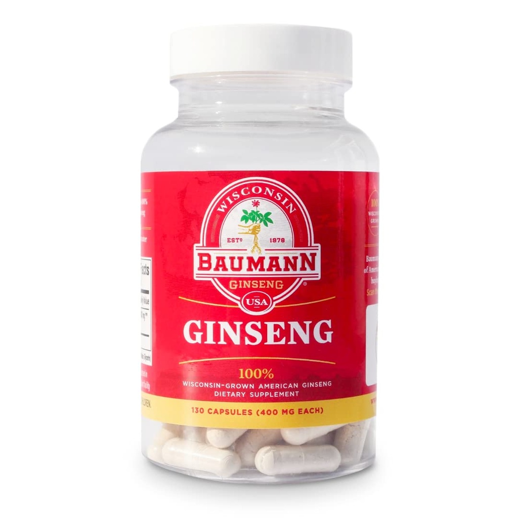 Baumann Wisconsin Ginseng Kapseln 130 Pillen 400 mg – Pure American Ginseng Root Extract Powder in jeder Pille - 100% natürliche Panax Ginseng Ergänzung für Immununterstützung, Fokus und Energie