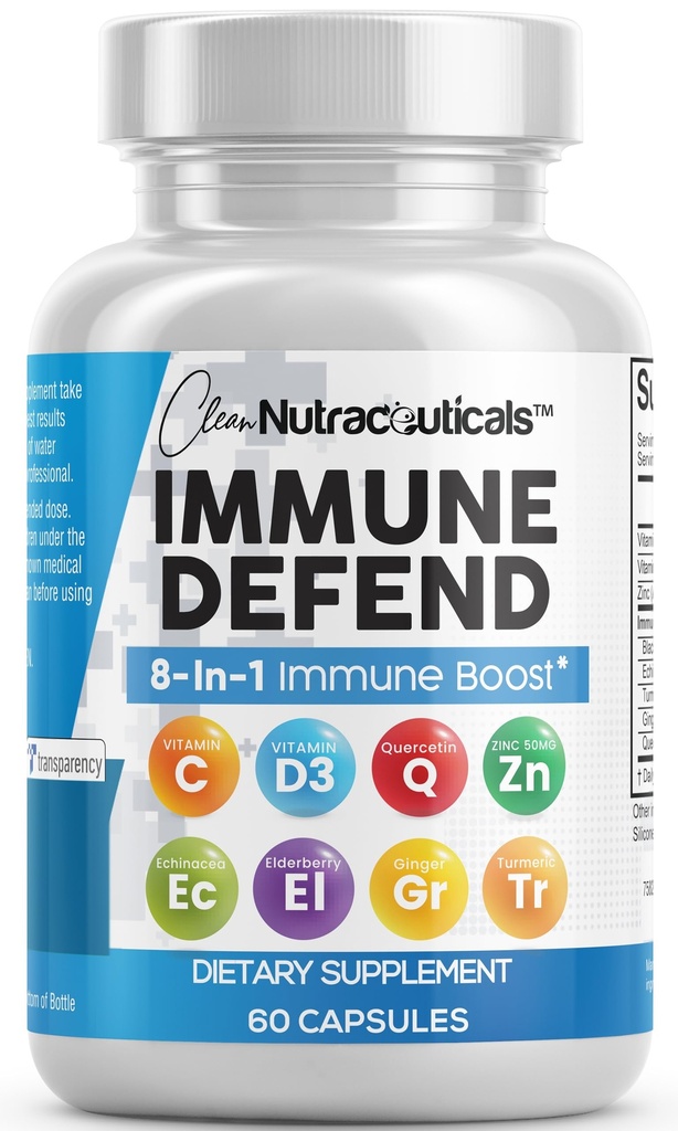 Clean Nutraceuticals Immune Defense Support Supplemento 8 in 1 con Zinc 50mg Quercetin, VIT C 1000mg, Vitamina D3 5000 IU, Elderberry, Ginger - Immunity System Booster for Adults, Vegan - 60 Count