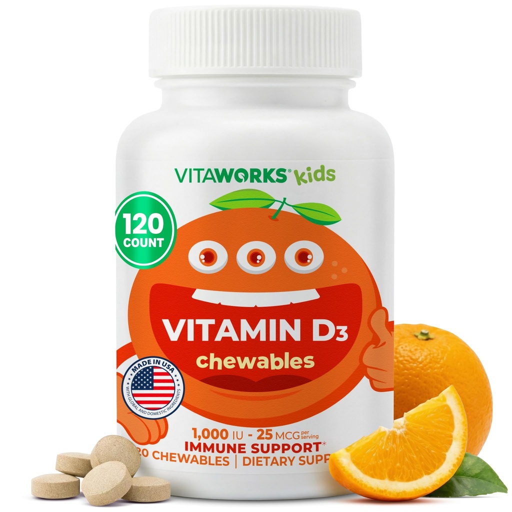 Bambini Vitamina D 1000 IU Chewable Tablets - Tasty Natural Orange Flavor - Vegan, GMO-Free, Gluten Free, Nut Free Vitamins - Integratore alimentare per il supporto immunitario - per i bambini - 120 Chewables
