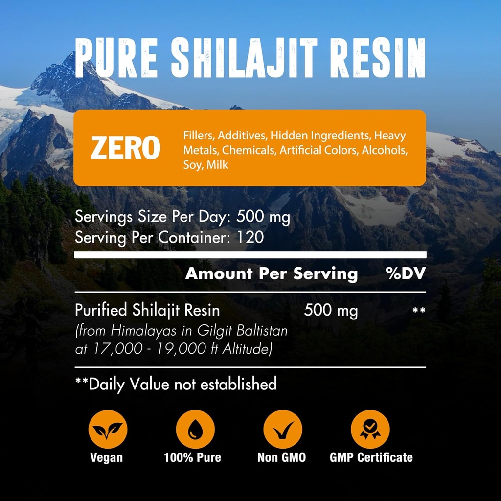60.000 MG Shilajit Pure Organic Resina - 65% Fulvic Acid & 85+ Trace Minerals, 120 Servings - Awaken Energy Booster & Support Immune, Enhance Overall Health & Brain Booster - Sugar Free