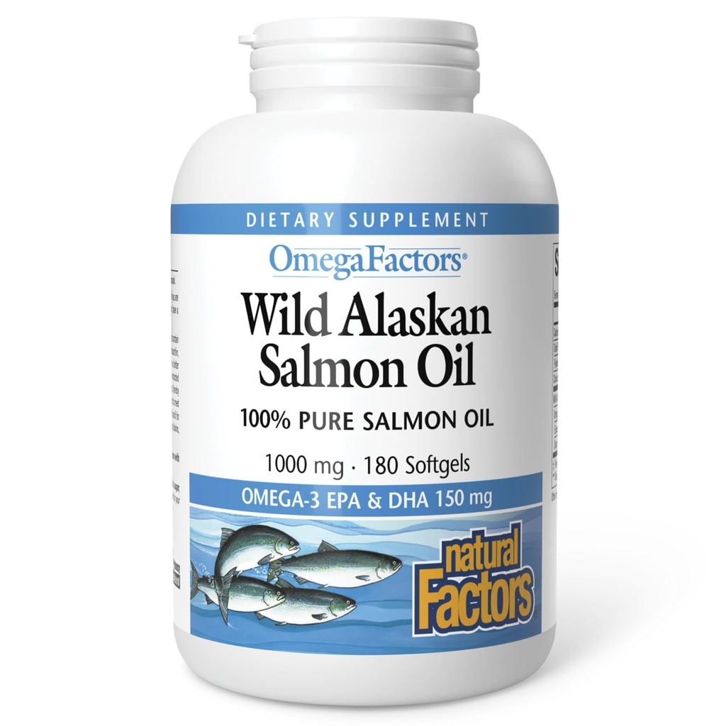 Fattori naturali Wild Alaskan Salmon olio fornisce Omega-3, EPA, DHA & vitamina D, Supporta la salute del cervello e del cuore, 180 Softgels