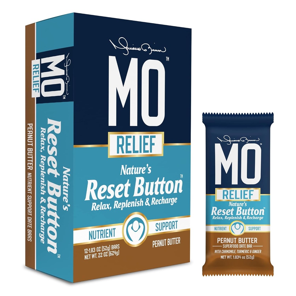 "MO RELIEF" BARS – Barre de Snack Superfood All-Natural - Recovery Snack Bars – Support nutritif après entraînement avec Dates, Camomille, Turmeric et Ginger - (12 barres dans une boîte)